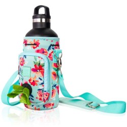 Teal Floral - Made Easy Kit Water Bottle Carrier w/Pocket for Dog Poop Bag - 32oz Large