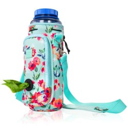 Teal Floral - Made Easy Kit Water Bottle Carrier w/Pocket for Dog Poop Bag - 40oz Tall & Large