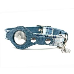 Blue Plaid & Denim - Apple Airtag Collar - Medium Blue Plaid & Denim - Apple Airtag Collar - Medium