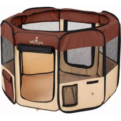 Brown - Zampa Portable Foldable Pet playpen Exercise Pen Kennel + Carrying Case - Large (61"x61"x30")
