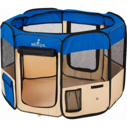 Blue - Zampa Portable Foldable Pet playpen Exercise Pen Kennel + Carrying Case - Medium (45"x45"x24")