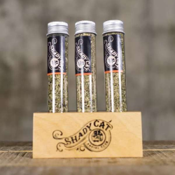 natural wood holder, clear glass tubes, silver metal tin - Shady Cat's Superb Sampler Set natural wood holder, clear glass tubes, silver metal tin - Shady Cat's Superb Sampler Set